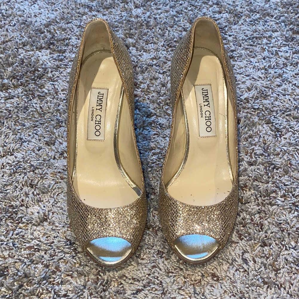 Jimmy Choo gold sparkle wedge. Size 36.